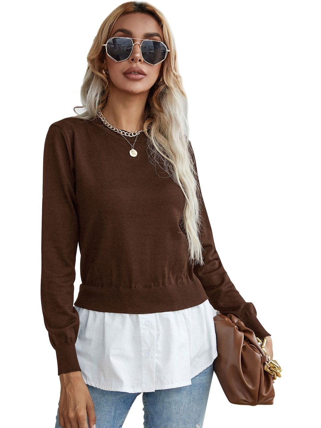 Women's Brown Pullover Blend Printed Regular Fit