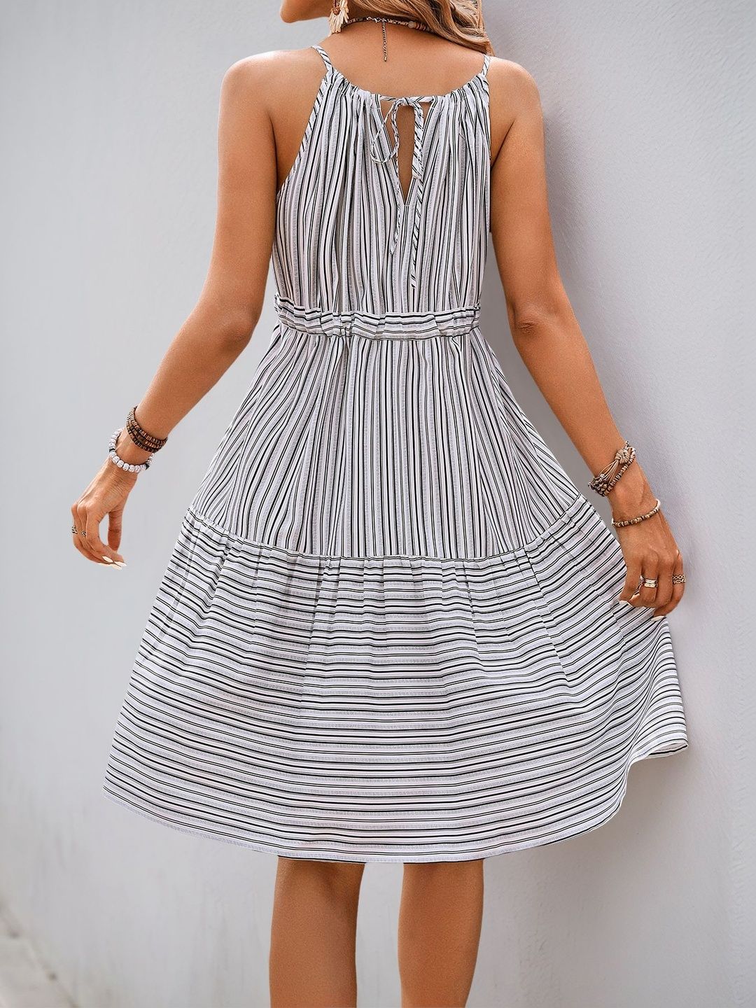 Striped Halter Neck Fit & Flare Dress
