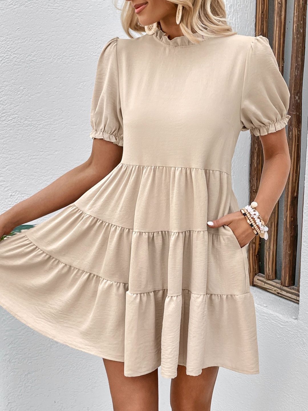 Puff Sleeve Ruffled Fit & Flare Dress