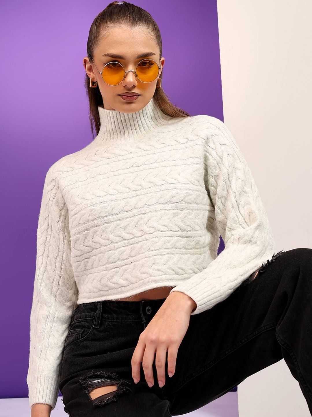 NOWI Women Cable Knit Woollen Crop Pullover