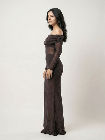 Women's Brown Off-Shoulder Sheath Maxi Dress Blend