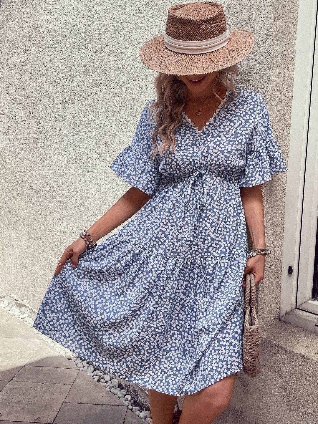 Floral Print Flutter Sleeve Fit & Flare Midi Dress in Blue cotton - Nowi Korean Fashion