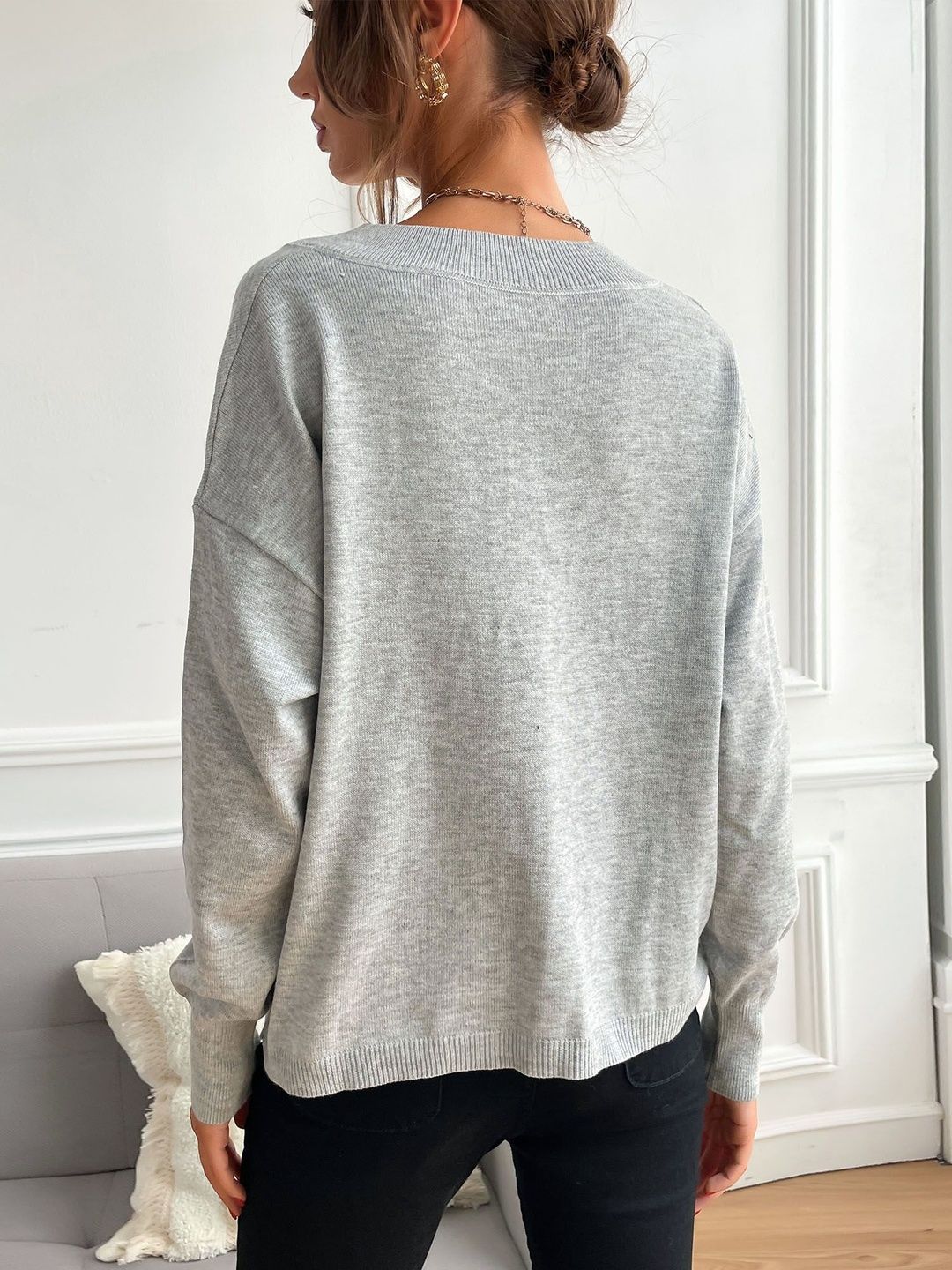 Women's Grey Printed Pullover Blend Regular Fit