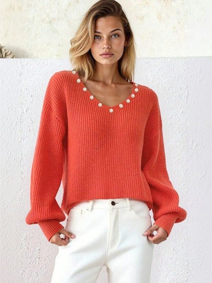 Ribbed Pullover with Embellished Detail in Orange acrylic - Nowi Korean Fashion