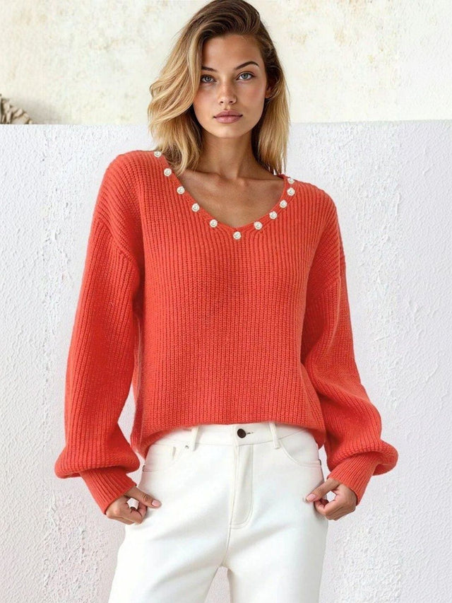 Ribbed Pullover with Embellished Detail in Orange acrylic - Nowi Korean Fashion
