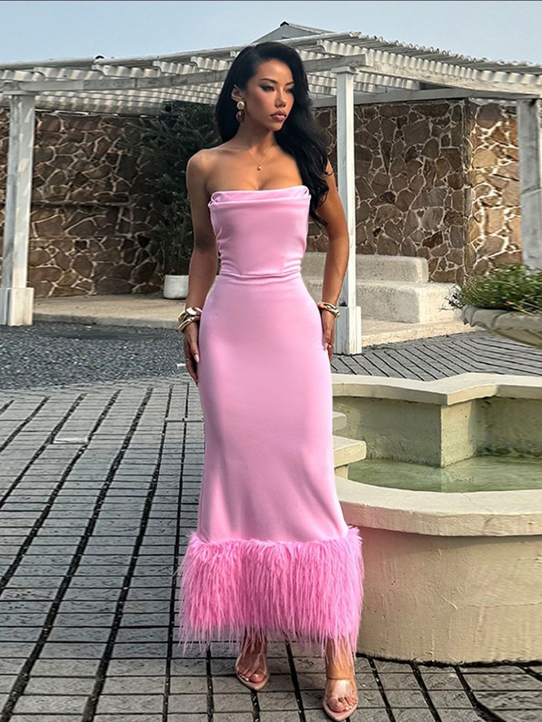 Fringed Bodycon Maxi Dress in Pink - Nowi Korean Fashion