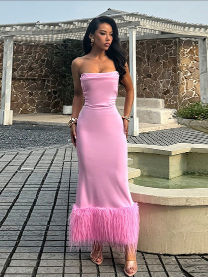 Fringed Bodycon Maxi Dress in Pink - Nowi Korean Fashion