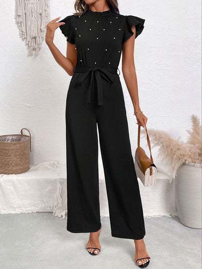 Basic Jumpsuit with Embellished in Black cotton Short Sleeve - Nowi Korean Fashion
