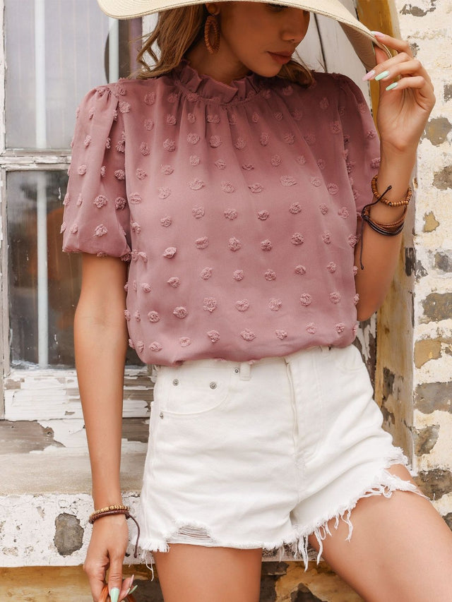 Puff Sleeve Top in Pink polyester - Nowi Korean Fashion