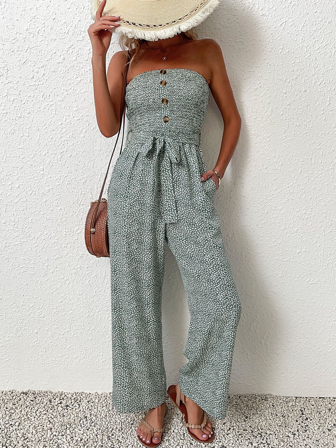 Off-Shoulder Printed Basic Jumpsuit in Green cotton - Nowi Korean Fashion