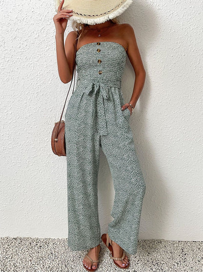 Off-Shoulder Printed Basic Jumpsuit in Green cotton - Nowi Korean Fashion
