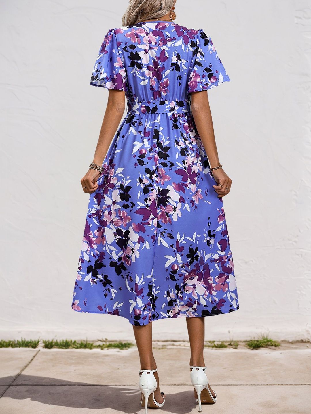 Floral Print Flutter Sleeve Midi Dress