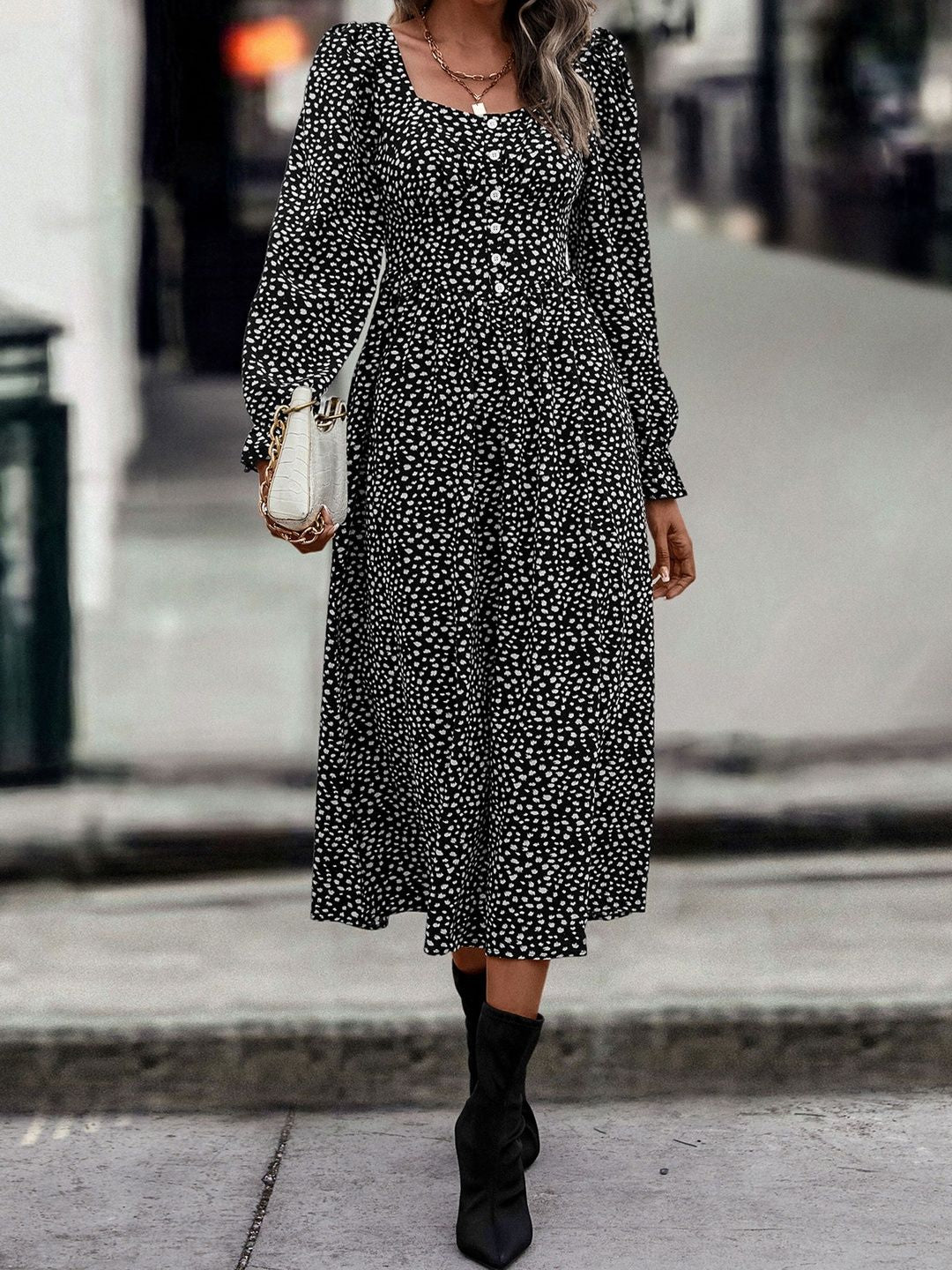 Polka Dot Print A-Line Midi Dress in Black - Nowi Korean Fashion