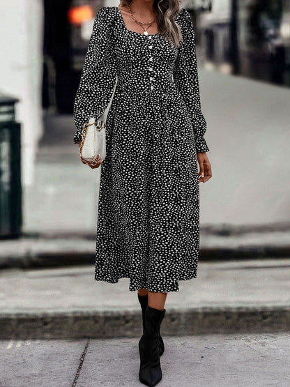 Polka Dot Print A-Line Midi Dress in Black - Nowi Korean Fashion