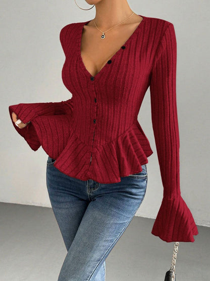 Bell Sleeve Ruffles Cotton Peplum Top in Red - Nowi Korean Fashion