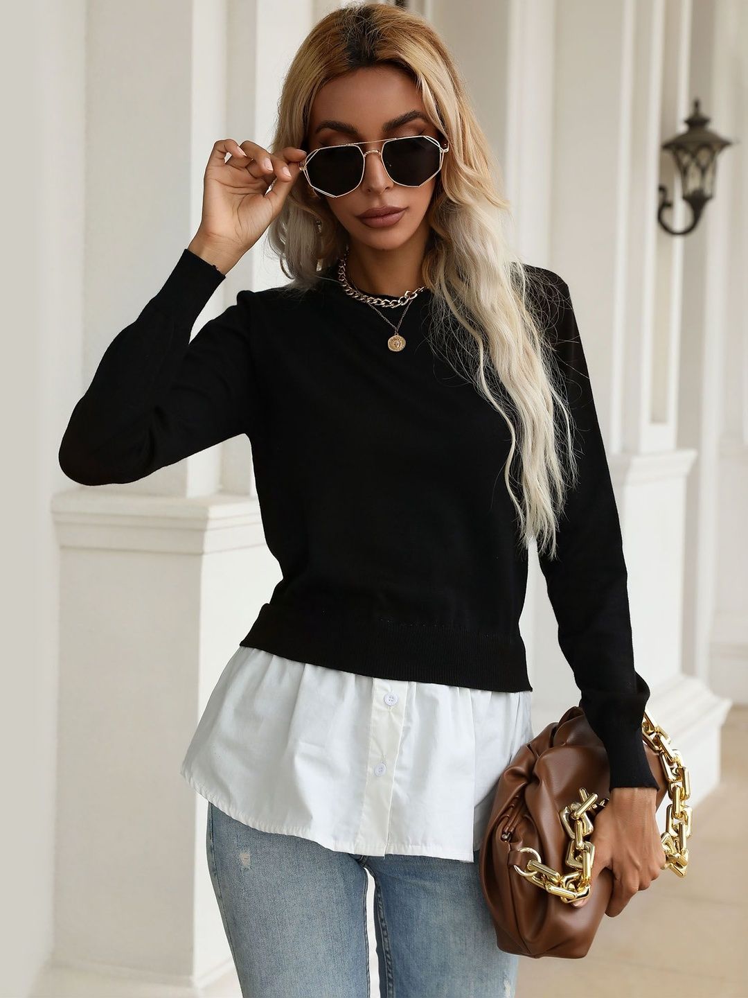 Women's Black Pullover Blend Printed Regular Fit