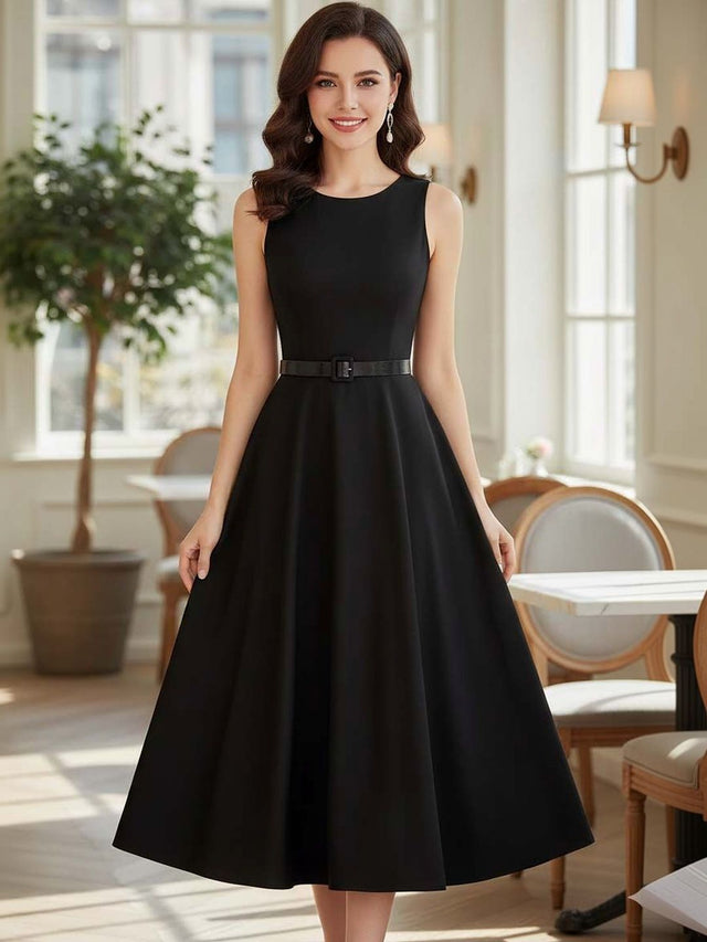 Fit & Flare Midi Dress in Black cotton - Nowi Korean Fashion