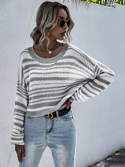 Women's Grey Striped Pullover Blend Regular Fit