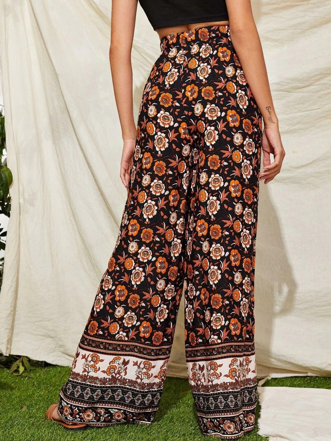 Women Floral Printed High-Rise Loose Fit Wide Leg Trousers