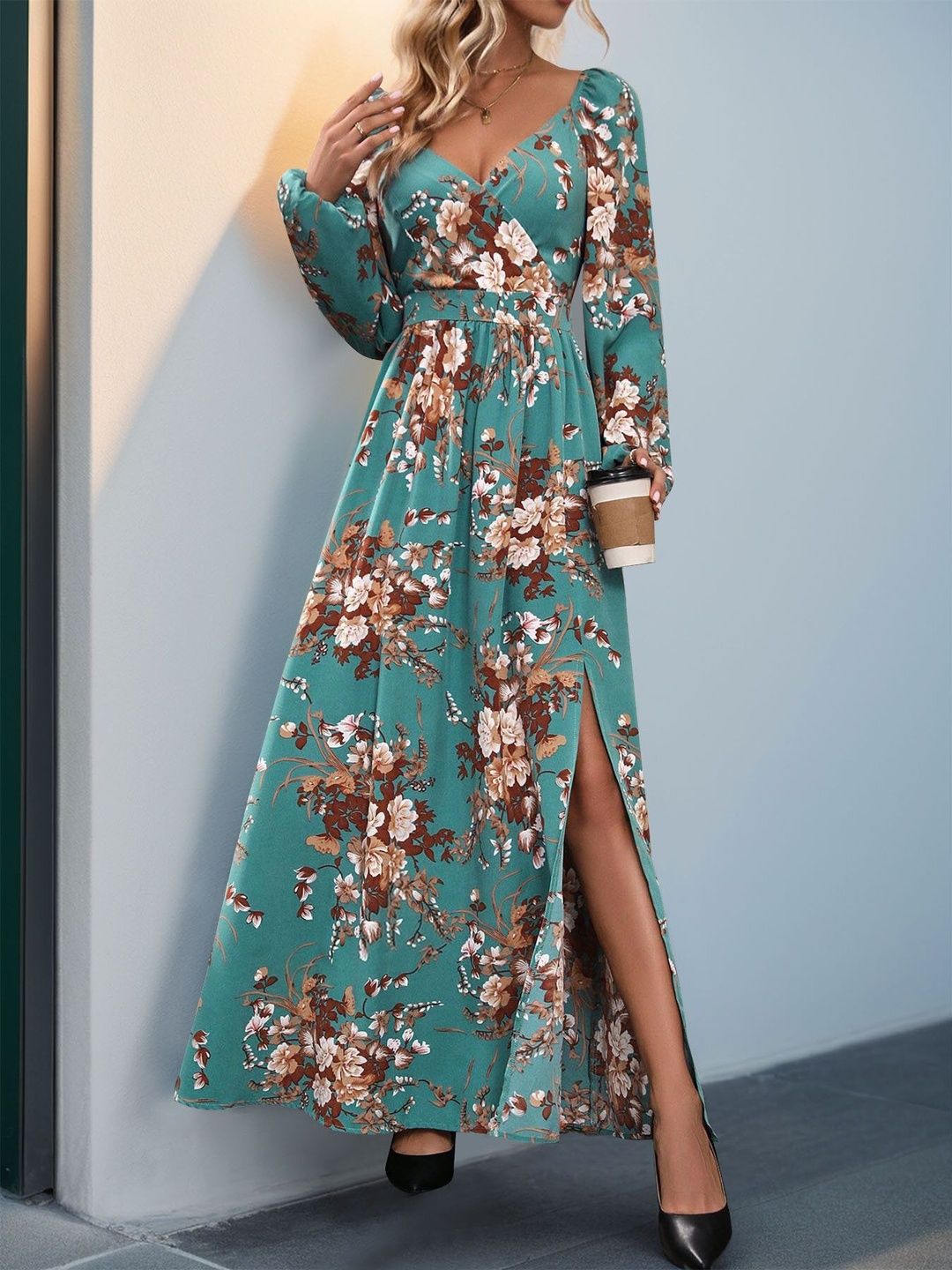 Women's Green Floral Print Fit & Flare Maxi Dress