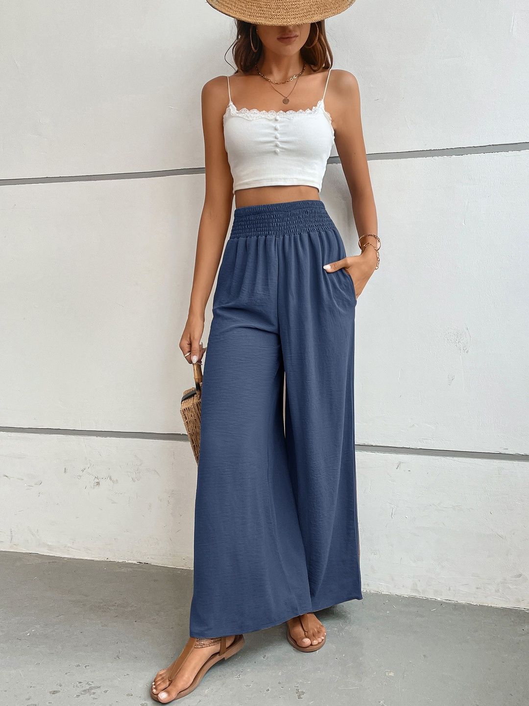 High-Rise Non Iron Trousers in Blue cotton Style 508 - Nowi Korean Fashion