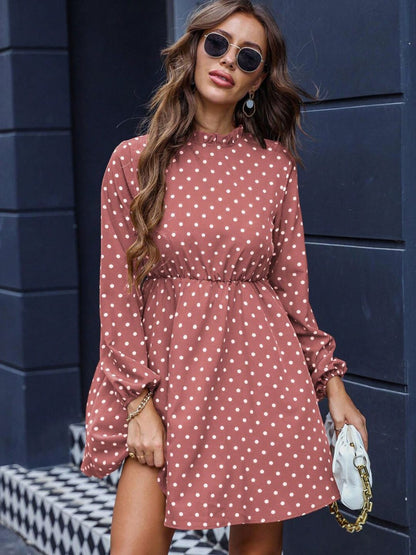 Polka Dot Print Fit & Flare Dress in Pink cotton Printed - Nowi Korean Fashion