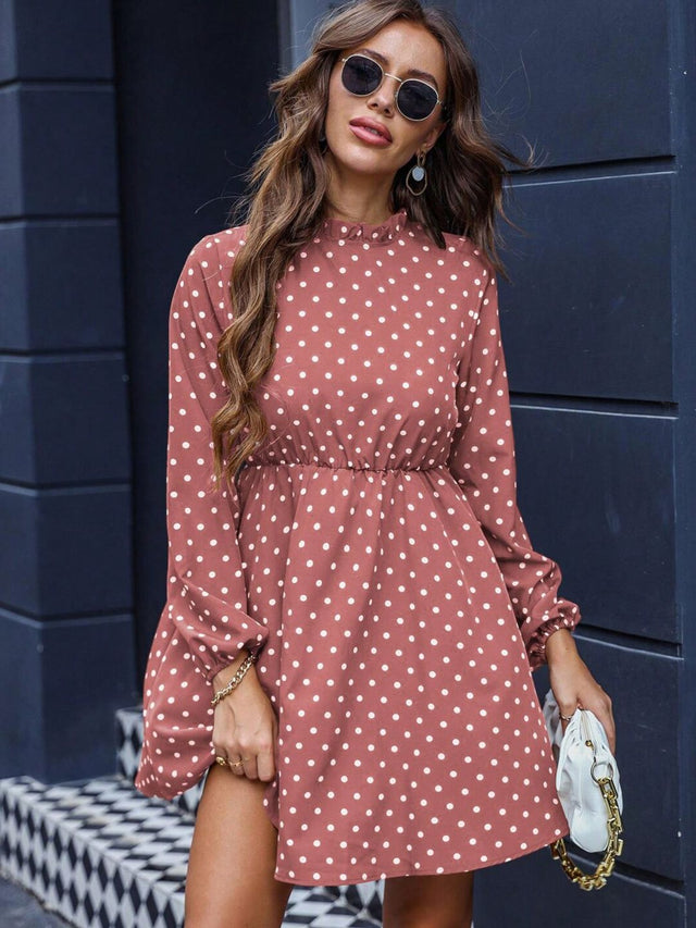 Polka Dot Print Fit & Flare Dress in Pink cotton Printed - Nowi Korean Fashion