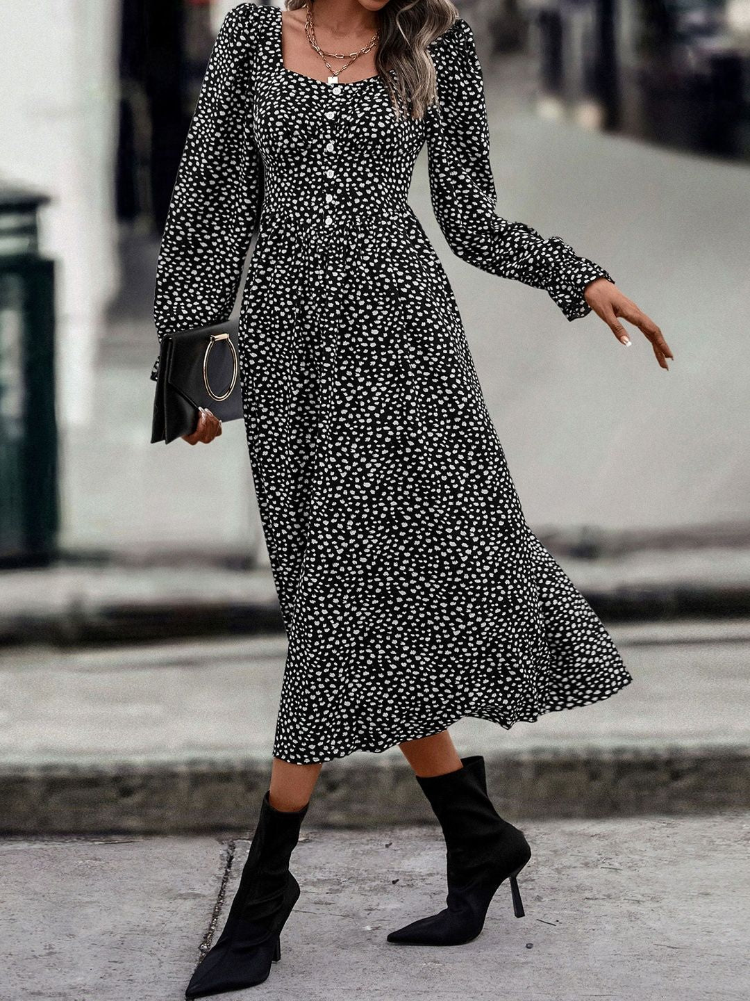 Women's Black Polka Dot Print A-Line Midi Dress