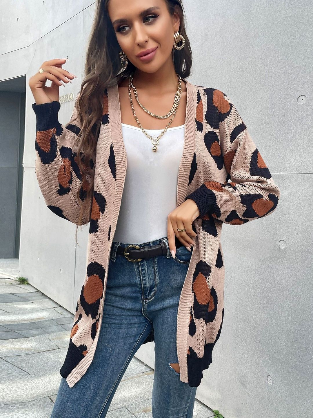 Women's Beige Animal Printed Cardigan