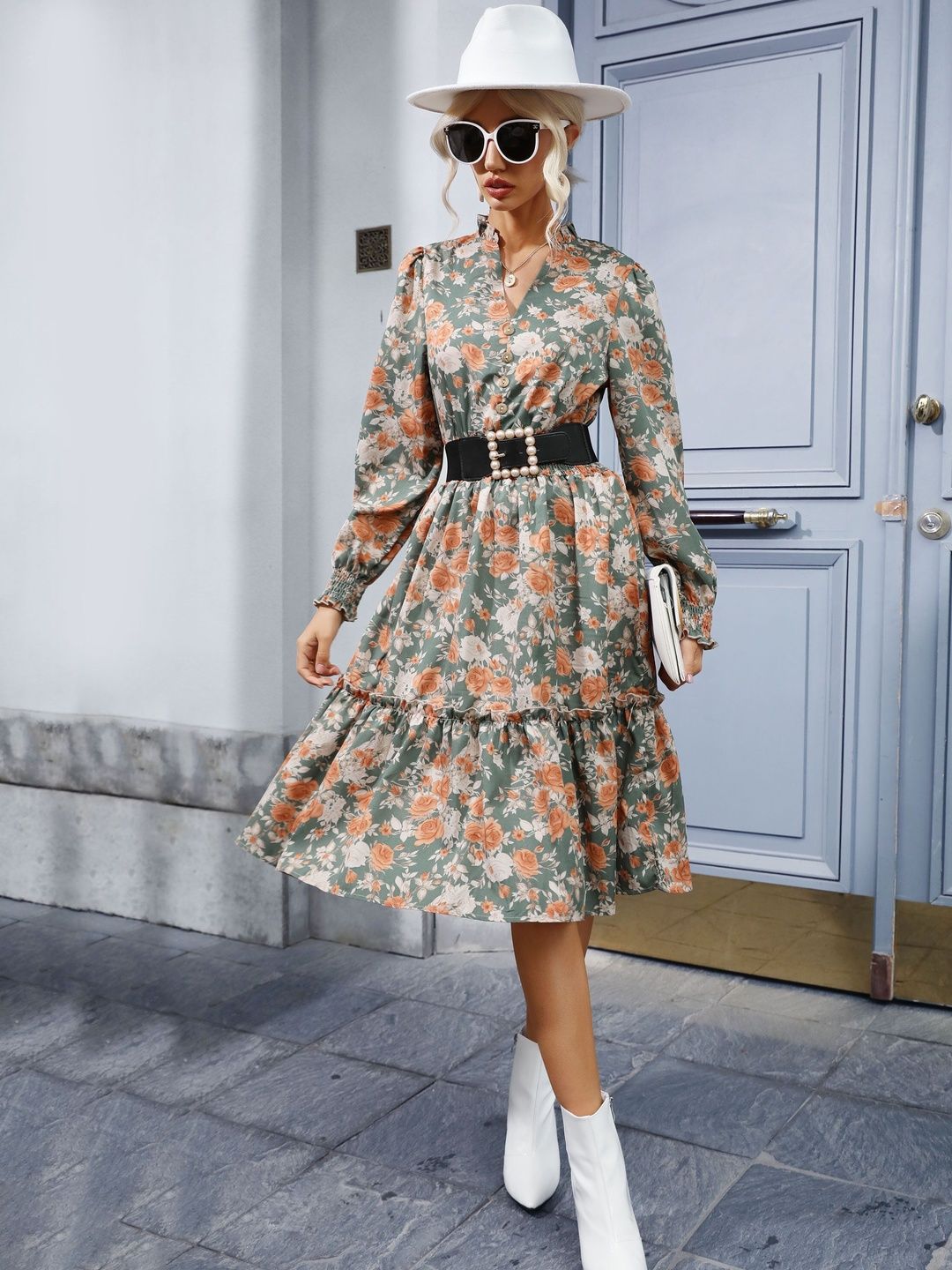Women's Green Floral Print Fit & Flare Midi Dress Blend