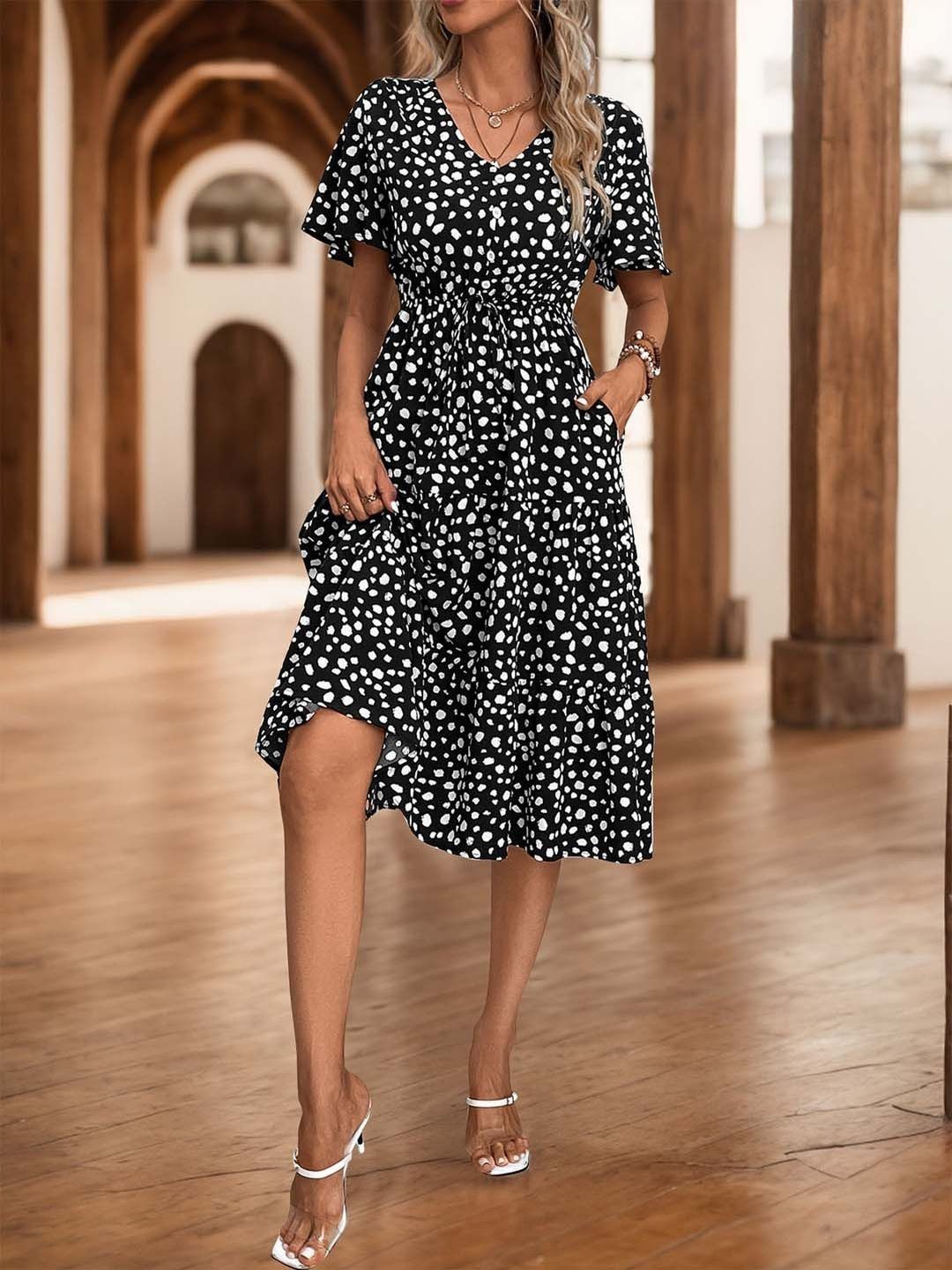 NOWI Polka Dot Printed Flared Sleeve Fit & Flare Midi Dress