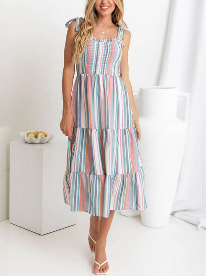 Striped A-Line Midi Dress - Nowi Korean Fashion
