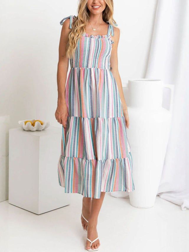 Striped A-Line Midi Dress - Nowi Korean Fashion