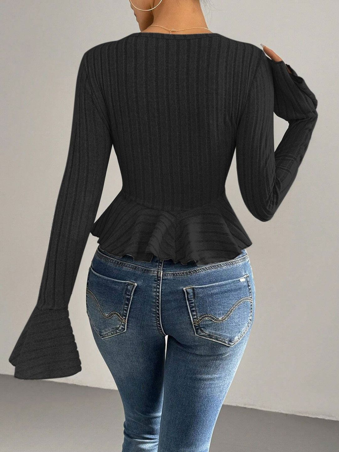 NOWI Bell Sleeve Cotton Peplum Top
