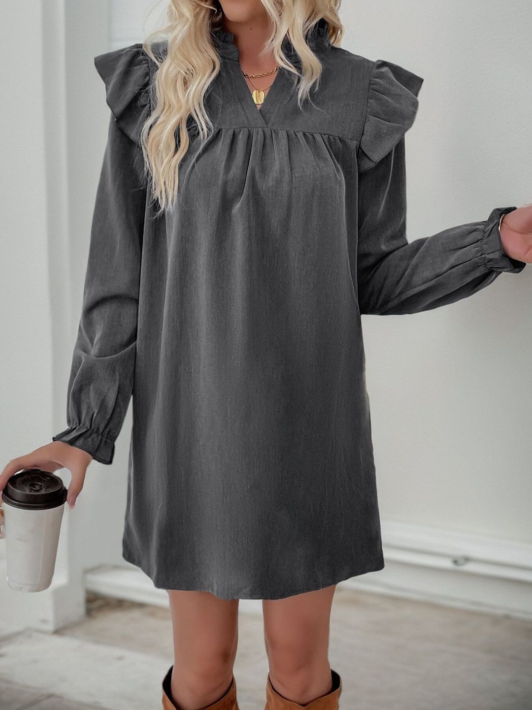 Chic Grey Ruffle Dress - Nowi Korean Fashion