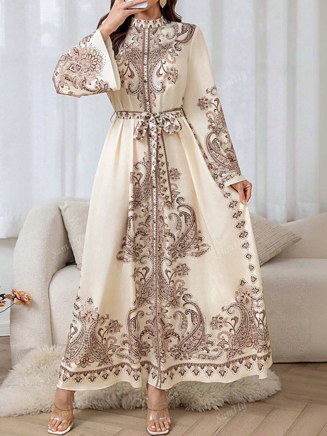 Print Flared Sleeve Sheath Maxi Dress