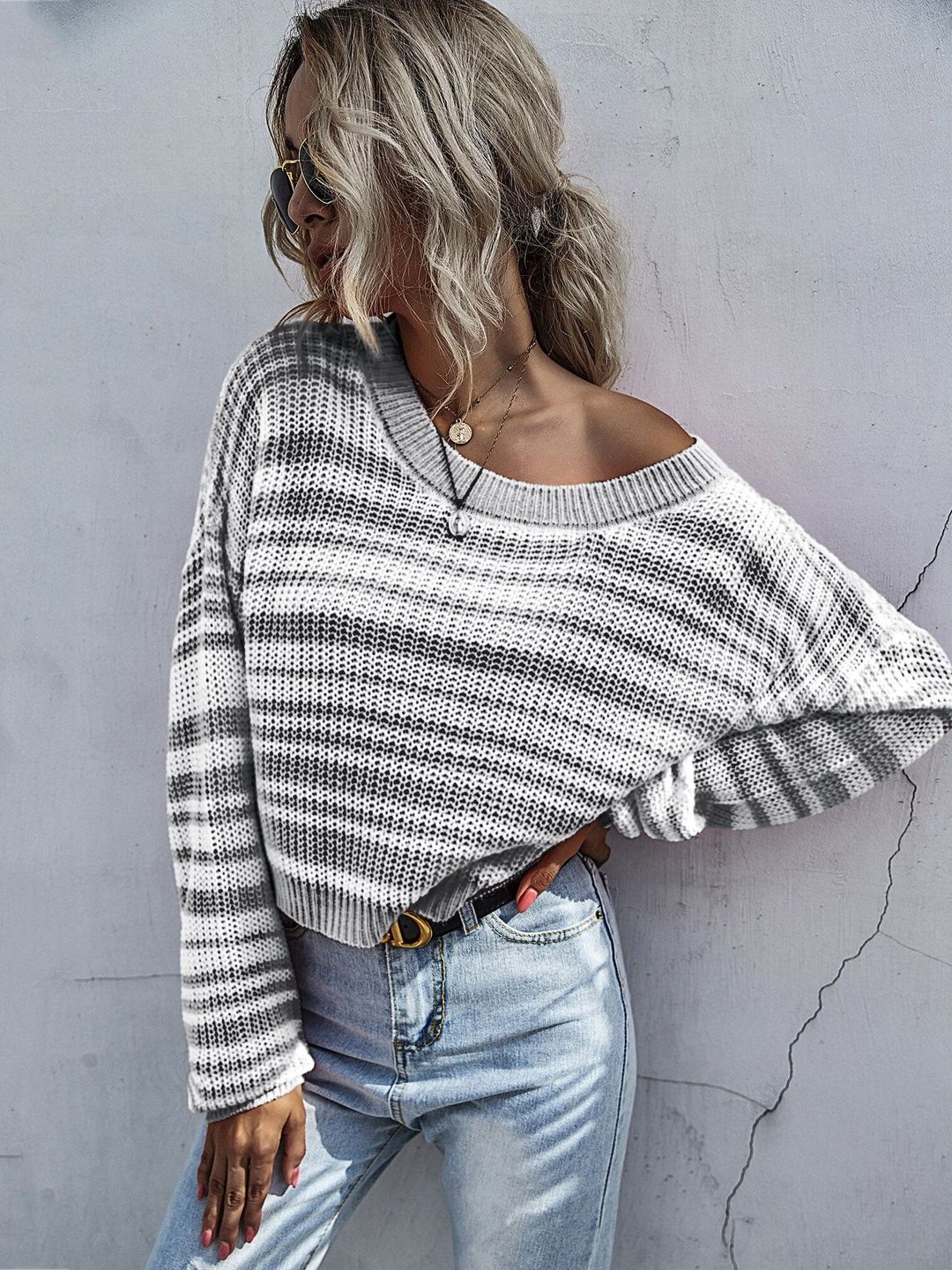 Women's Grey Striped Pullover Blend Regular Fit