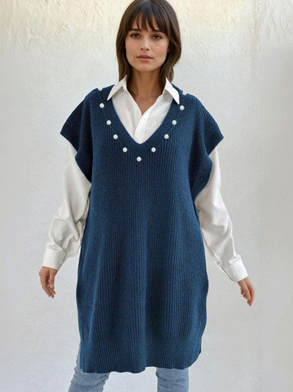 Ribbed Longline Sweater Vest in Blue acrylic - Nowi Korean Fashion