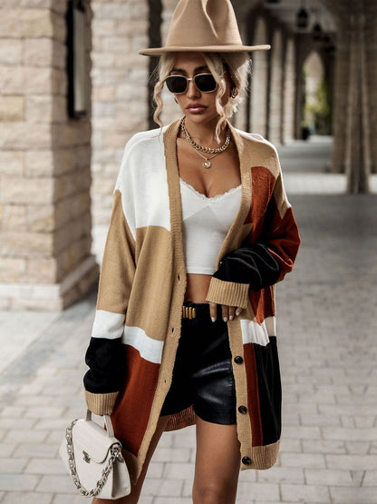Women's Brown Colourblocked Cardigan Blend Printed