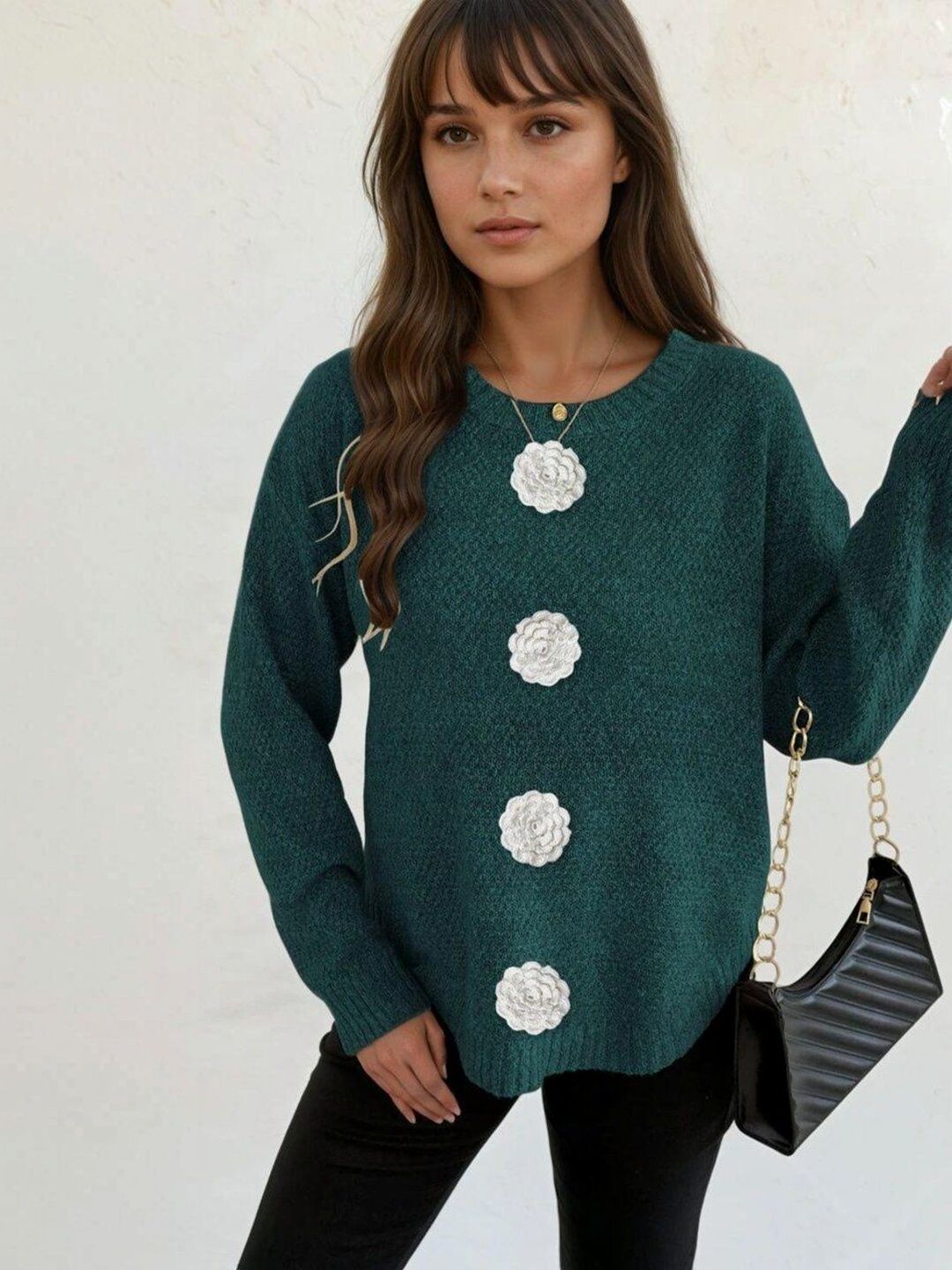 Pullover with Embellished Detail in Green acrylic Long Sleeve - Nowi Korean Fashion