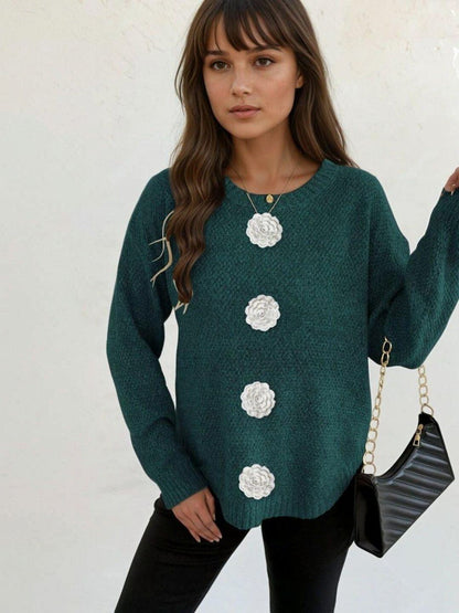 Pullover with Embellished Detail in Green acrylic Long Sleeve - Nowi Korean Fashion