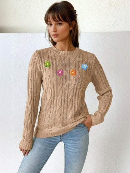Cable Knit Pullover with Applique Detail in Brown acrylic - Nowi Korean Fashion