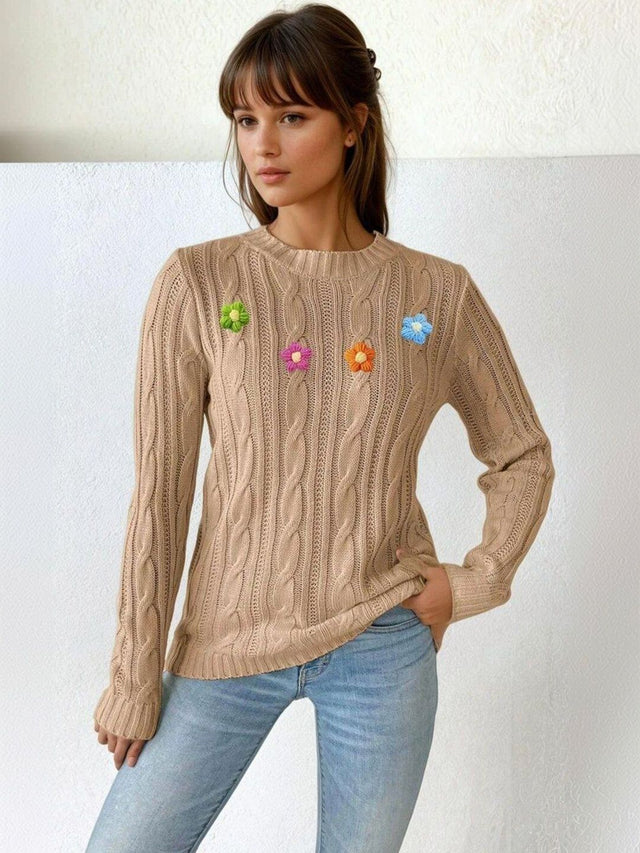 Cable Knit Pullover with Applique Detail in Brown acrylic - Nowi Korean Fashion