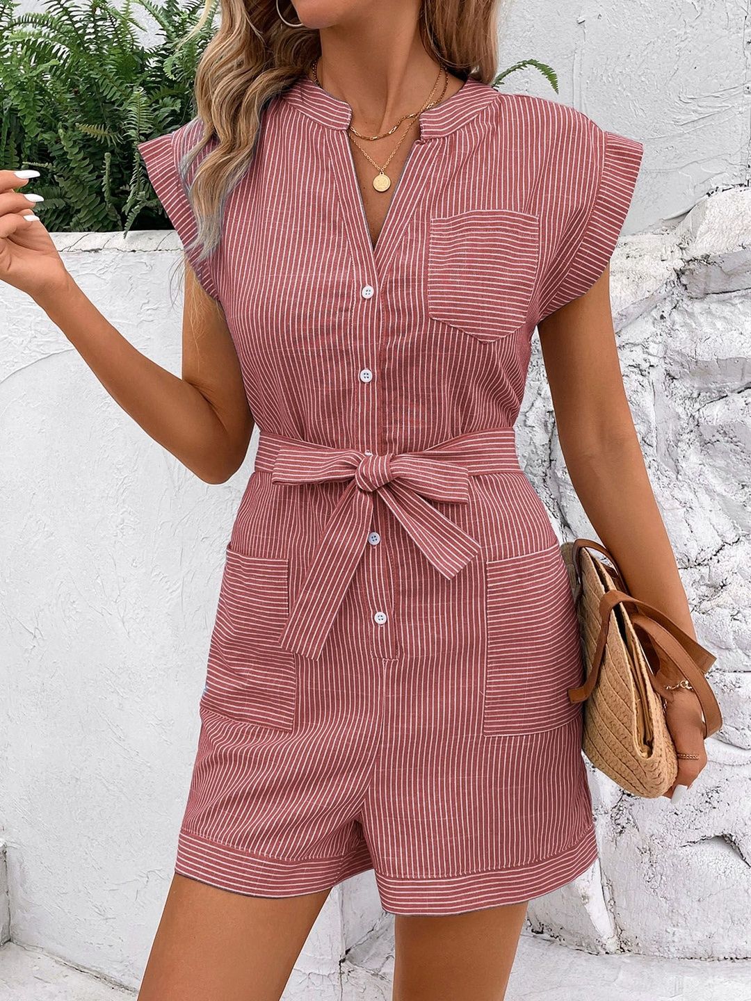 Striped Jumpsuit in Red cotton Short Sleeve - Nowi Korean Fashion