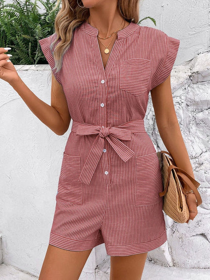 Striped Jumpsuit in Red cotton Short Sleeve - Nowi Korean Fashion