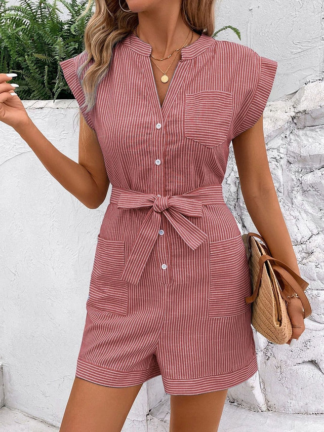 Striped Jumpsuit in Red cotton Short Sleeve - Nowi Korean Fashion