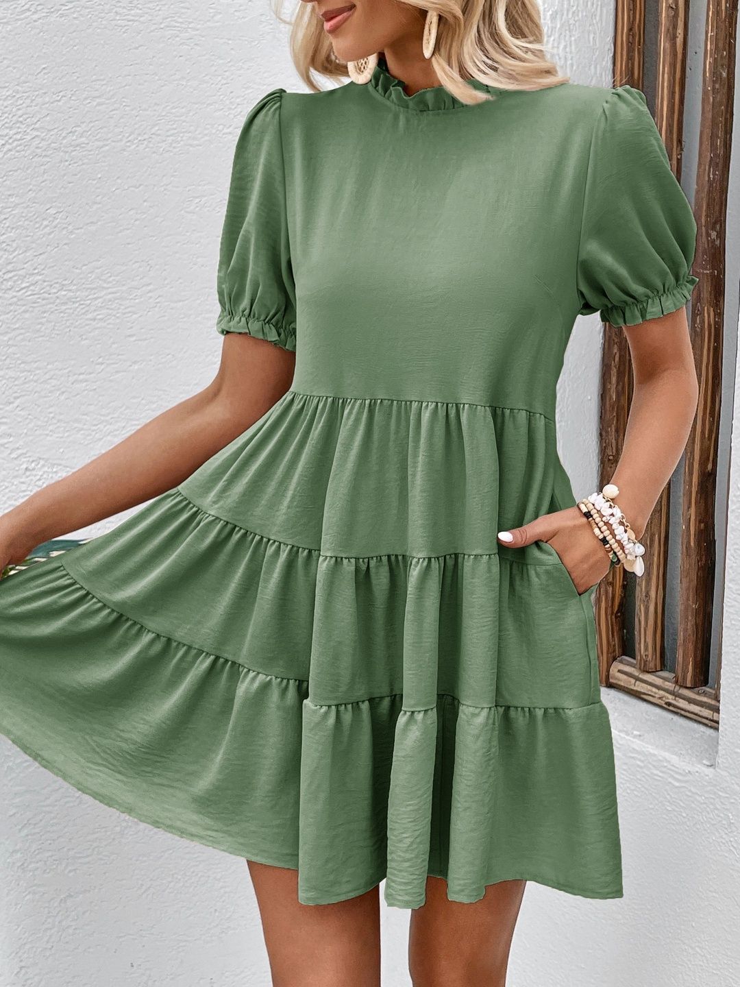 Puff Sleeve Ruffled Fit & Flare Dress