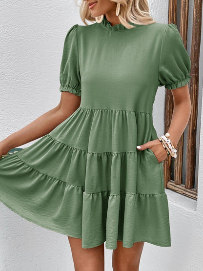 Puff Sleeve Ruffled Fit & Flare Dress