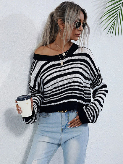 Women's Black Striped Crop Pullover