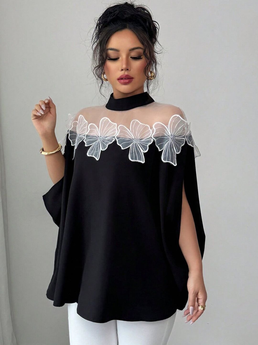 Floral Semi Sheer Party Shirt in Black polyester - Nowi Korean Fashion